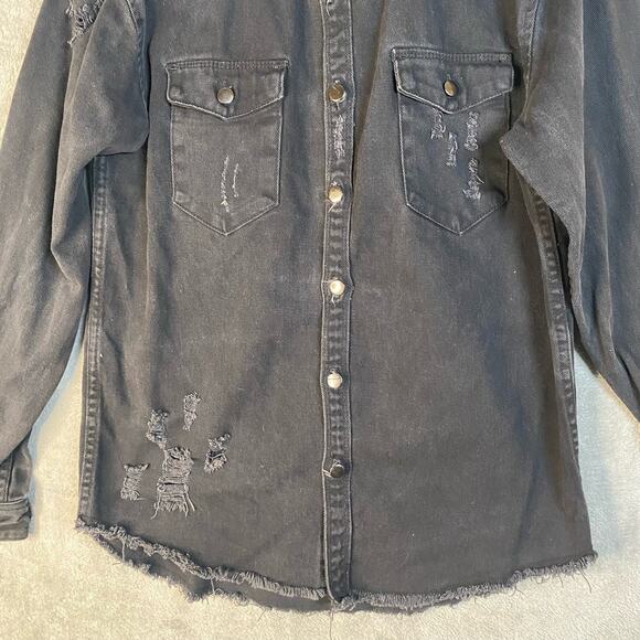 Distressed Denim Shirt Jacket Mens Small Button Up Grunge Streetwear Indie - Picture 4 of 13